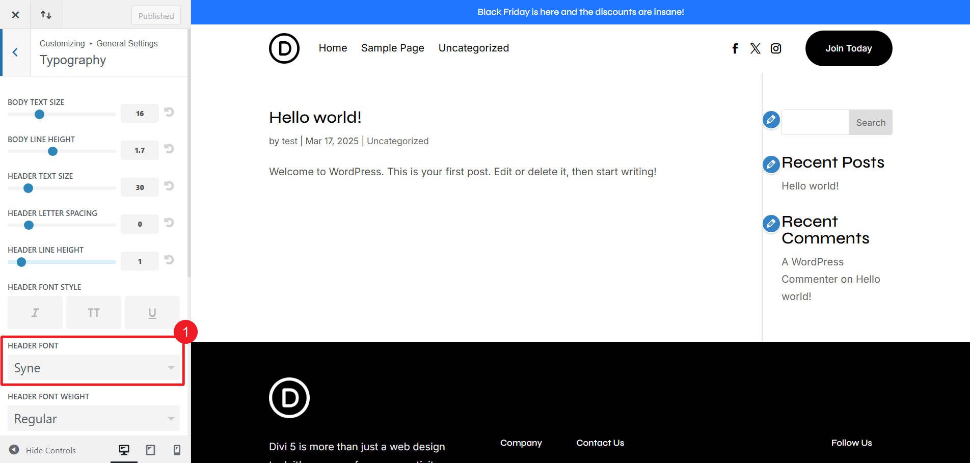 Divi Customizer change heading font