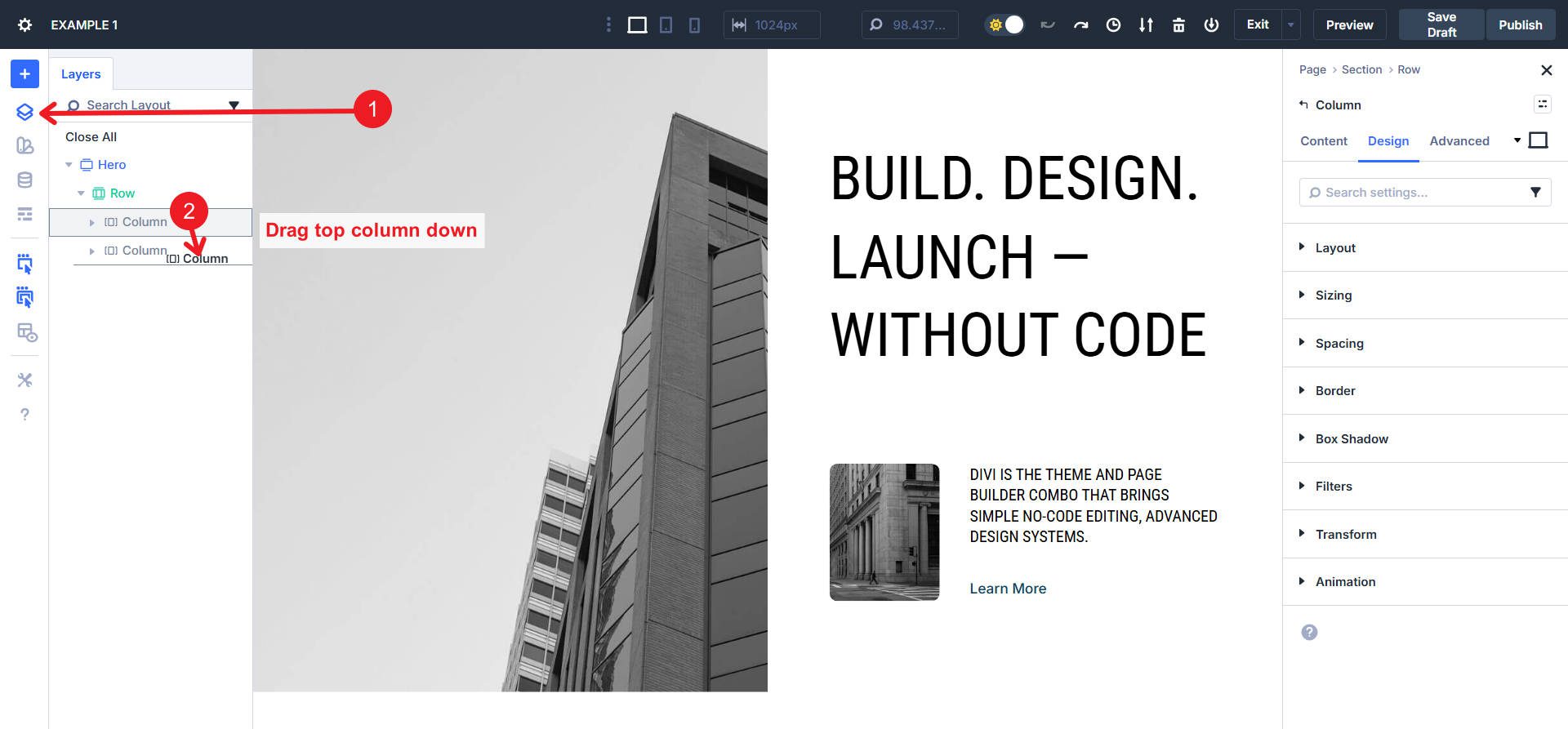 Switch column order by dragging first column down in layers view