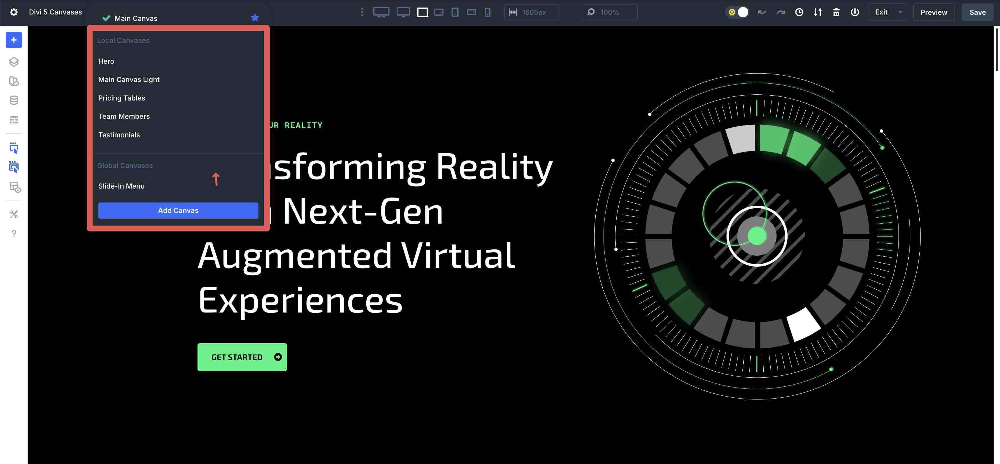 Divi 5 Canvas menu options