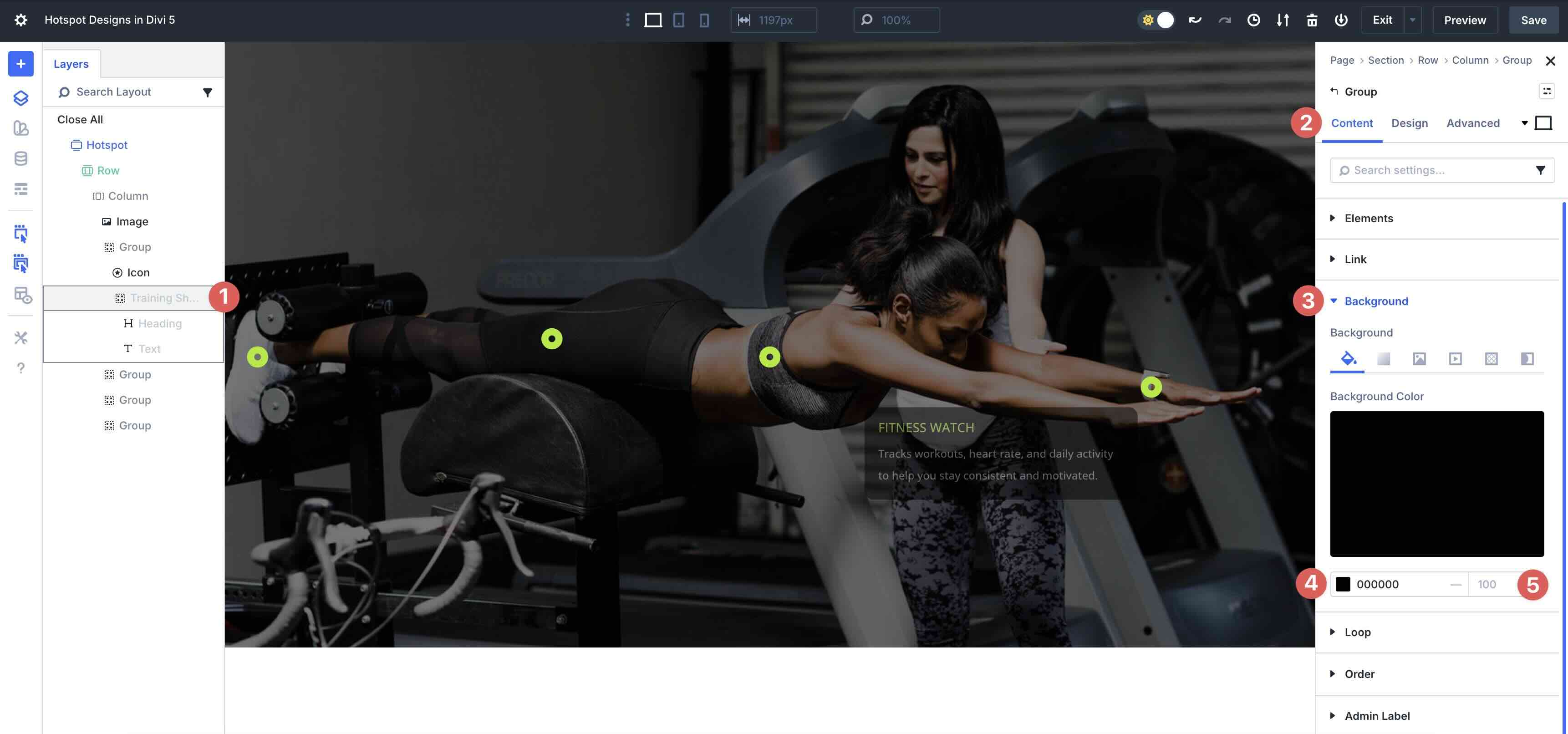 editing hotspot design settings in Divi 5