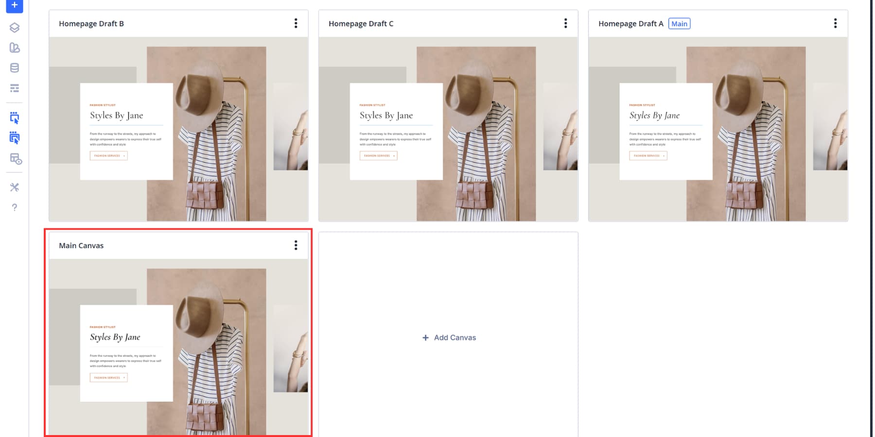 A screenshot of the old design canvas saved as main canvas after replacing it with another canvas Divi 5