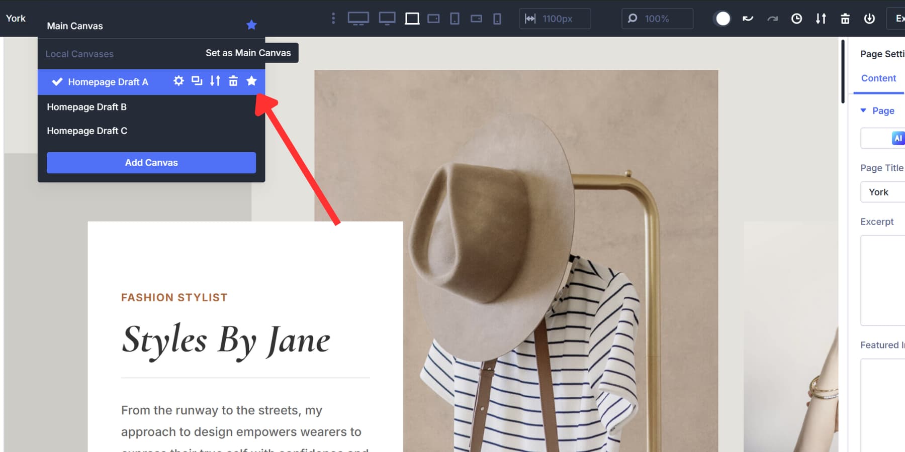 A screenshot of where to find the option to set main canvas in Divi 5