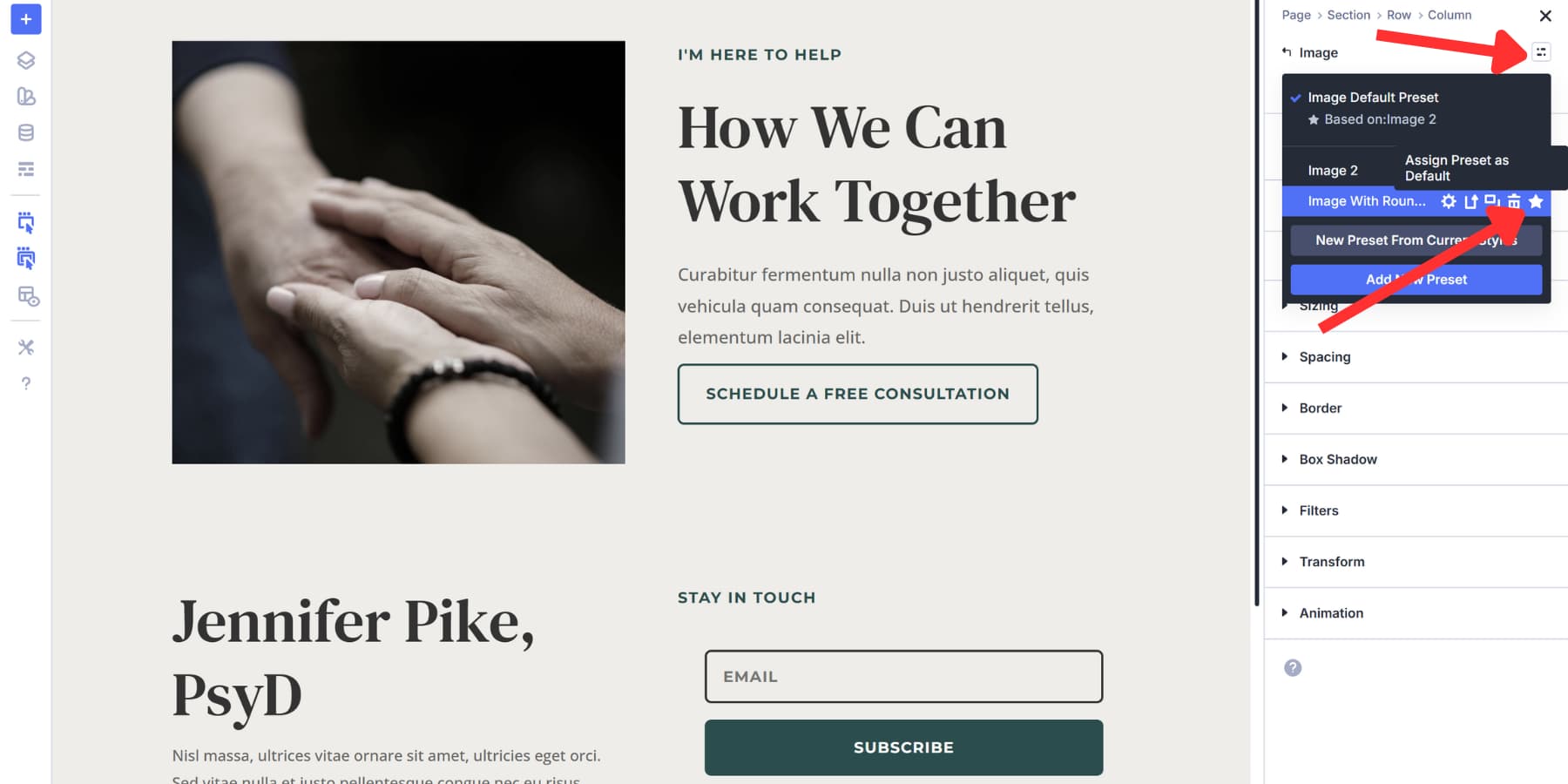 A screenshot of where to make a preset default in Divi 5