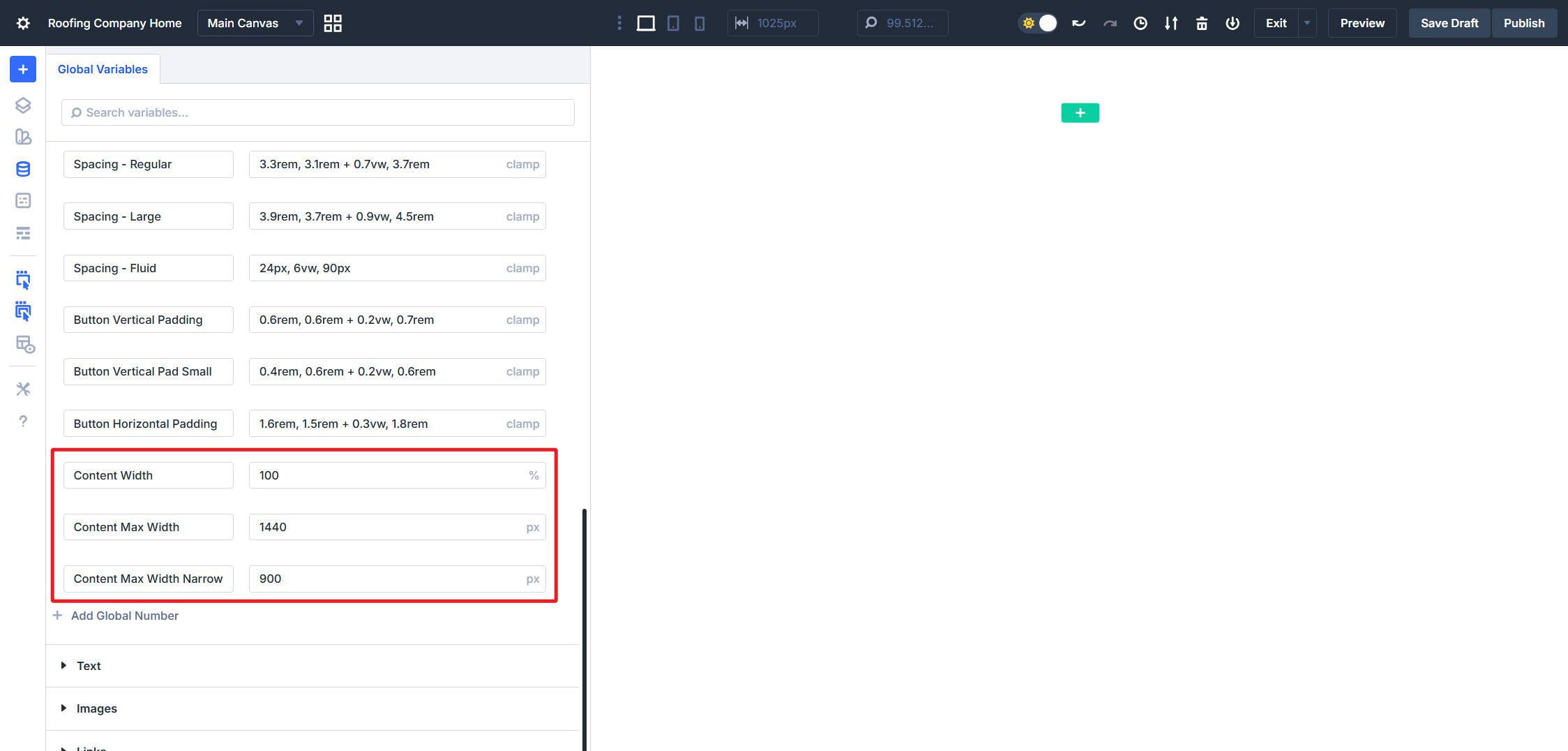 Content Width Variables added to Design Variable Manager