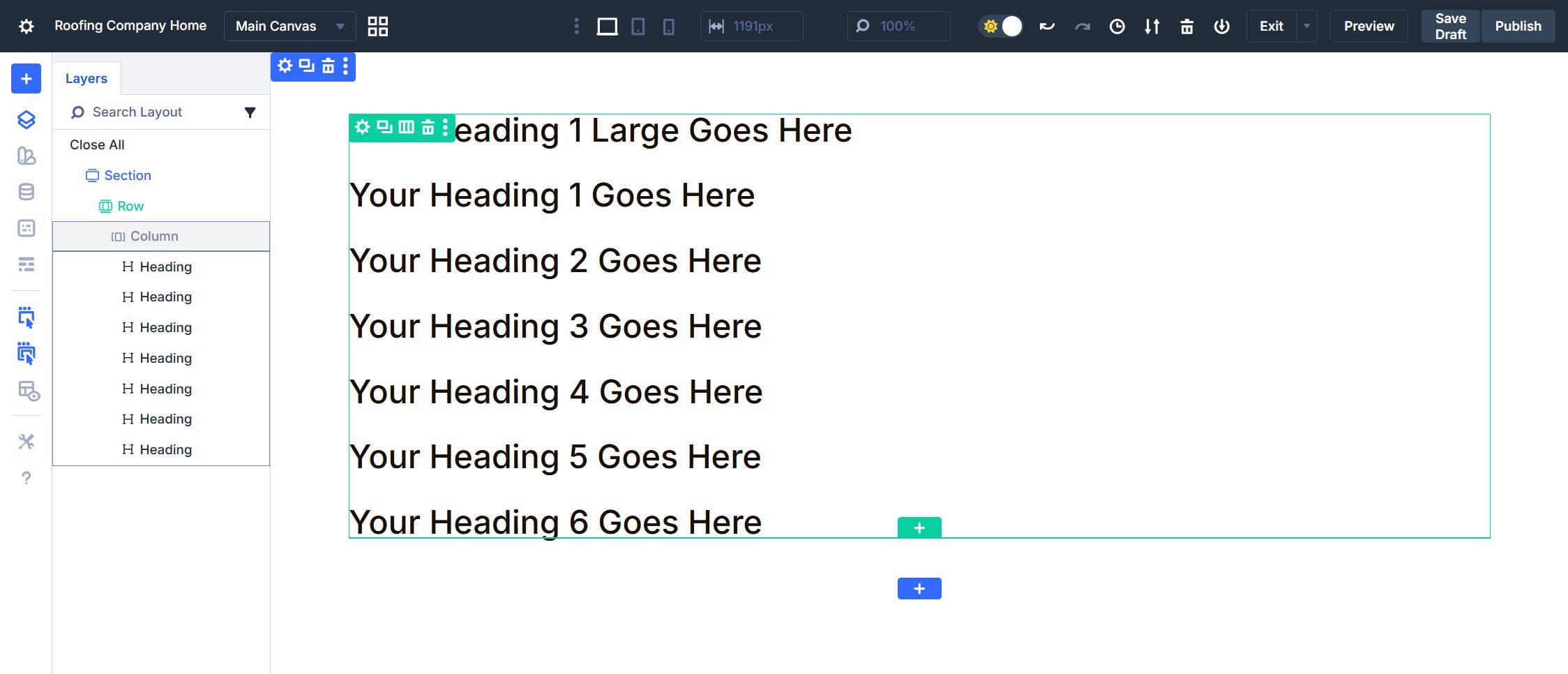 Create Seven Heading Modules on the Page