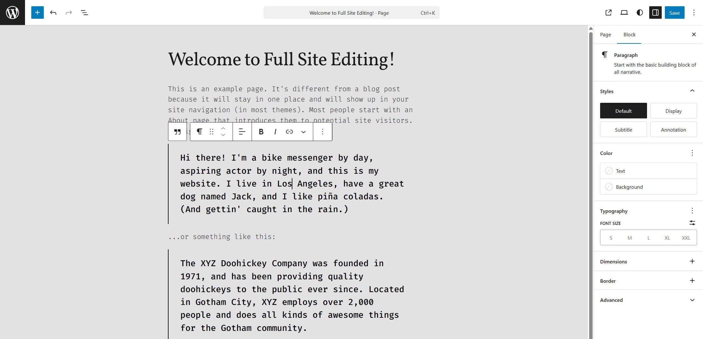 Full Site Editor Default WordPress Example Demo