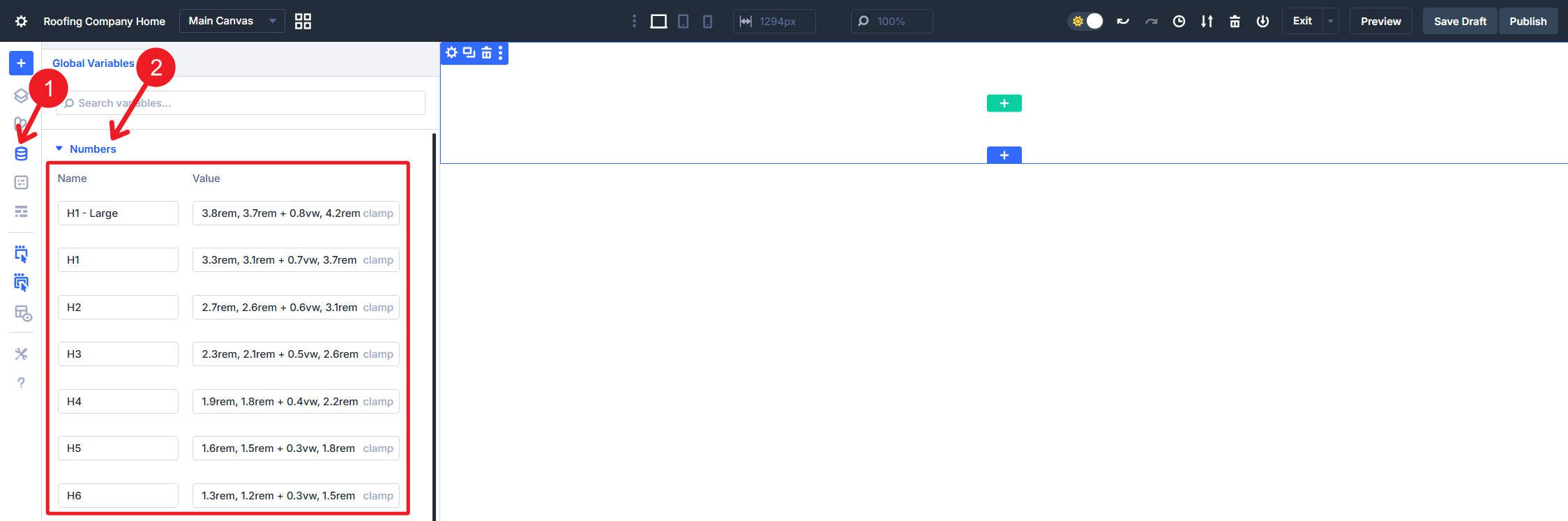 Heading Font Sizes Clamp stored as Design Variables in Divi