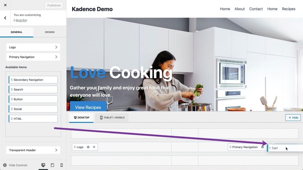 Kadence Mini Cart Using Old Theme Customizer