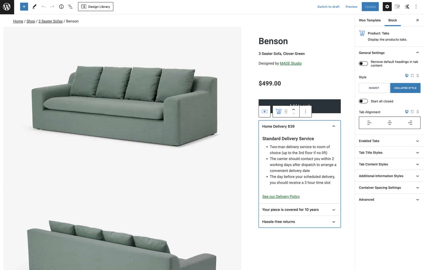 Kadence Product Tabs ShopKit Block Editor