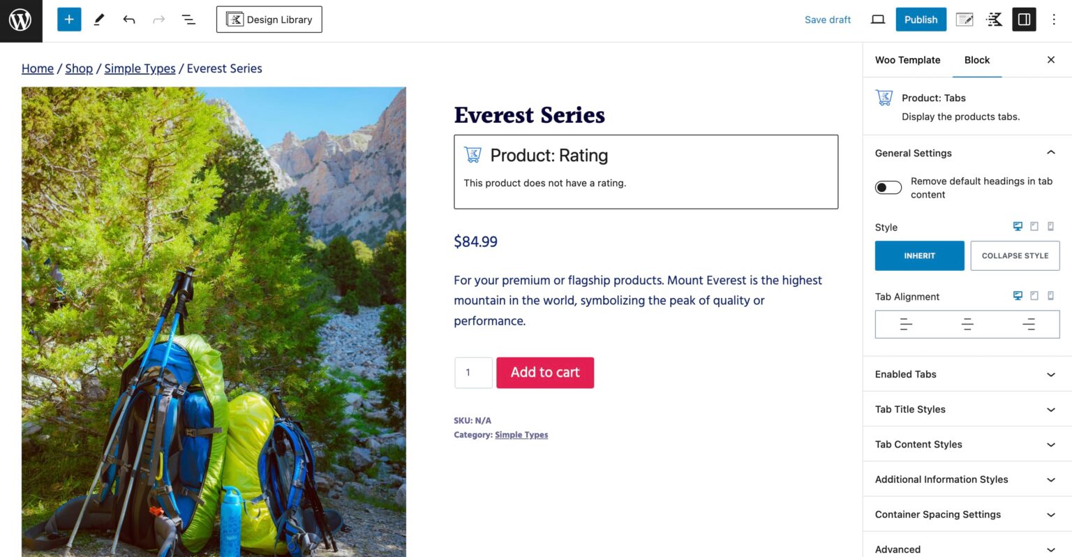 Kadence Woo Custom Blocks in Block Editor