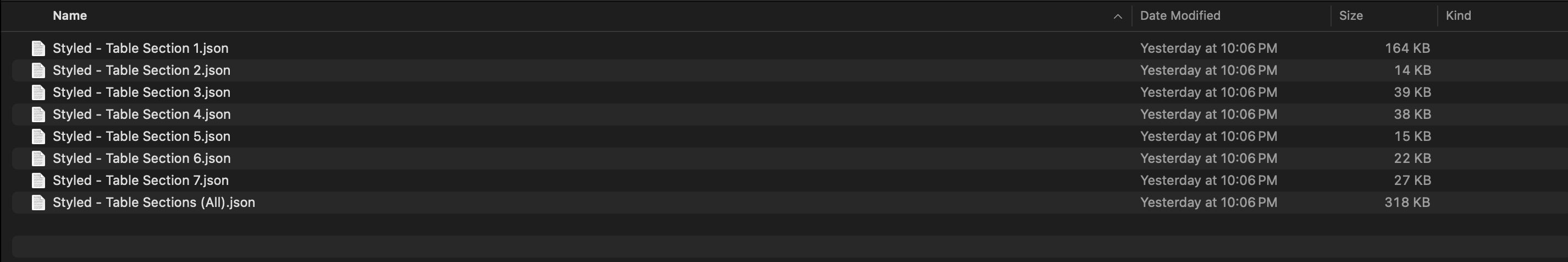 table sections JSON files