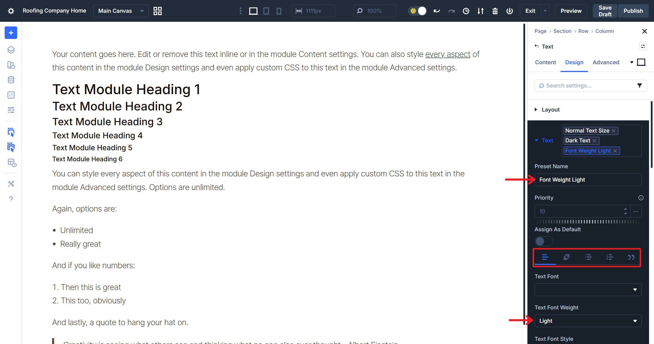 Text Option Preset Font Weight Light for body, link, quote, and list text