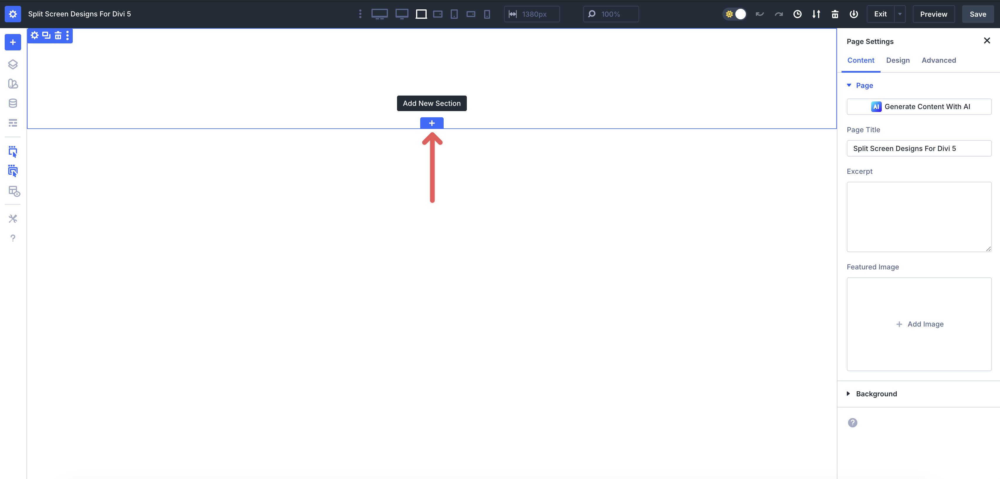 add a new section in the Divi 5 Visual Builder