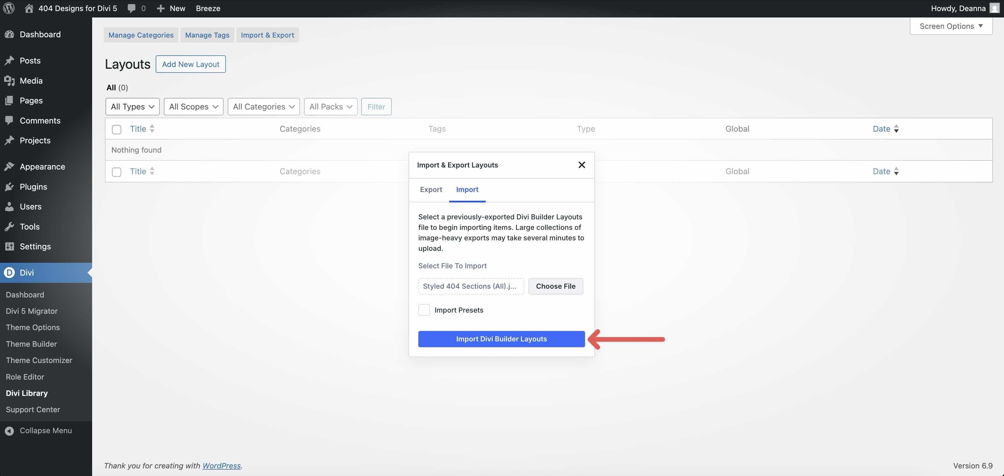 upload a file to the Divi library