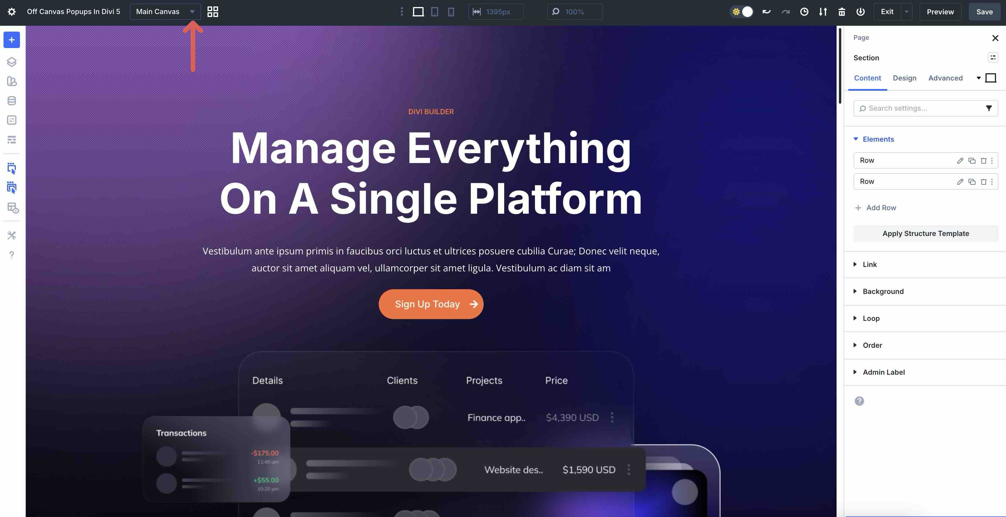 main canvas dropdown