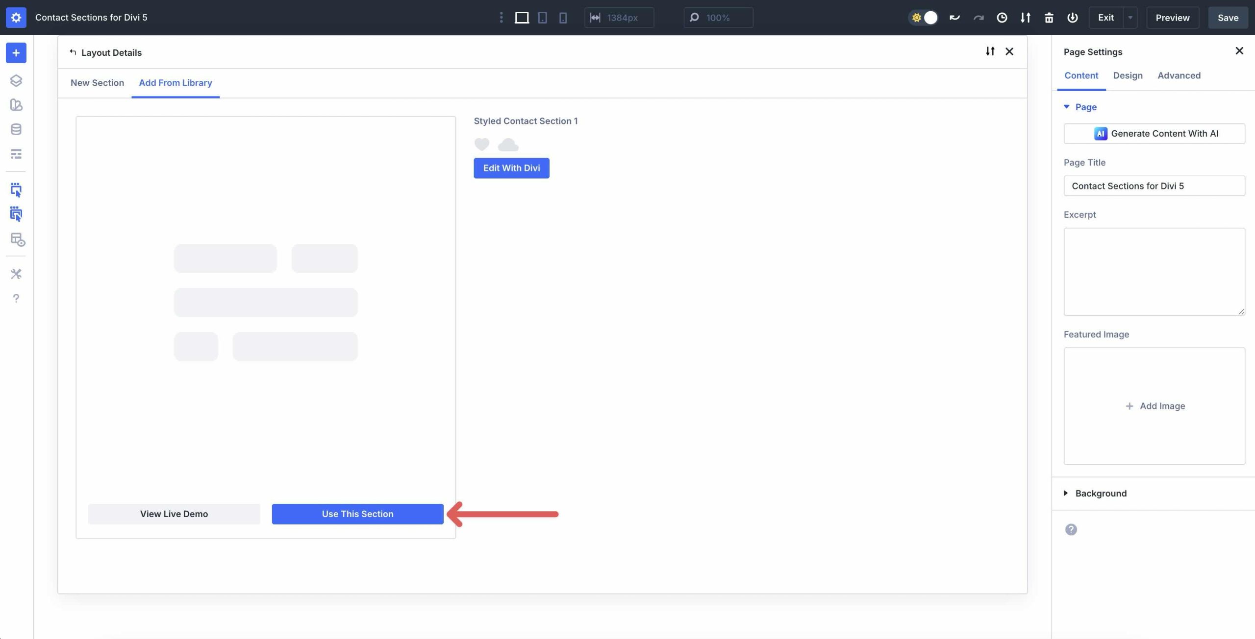load a premade section in Divi 5