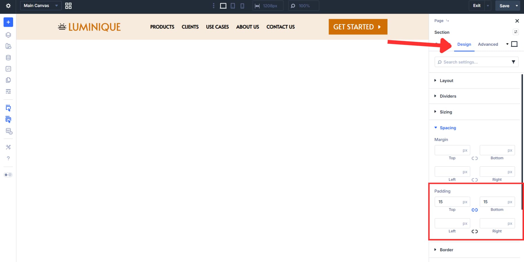 A screenshot of adding a custom padding value to the header section in Divi 5