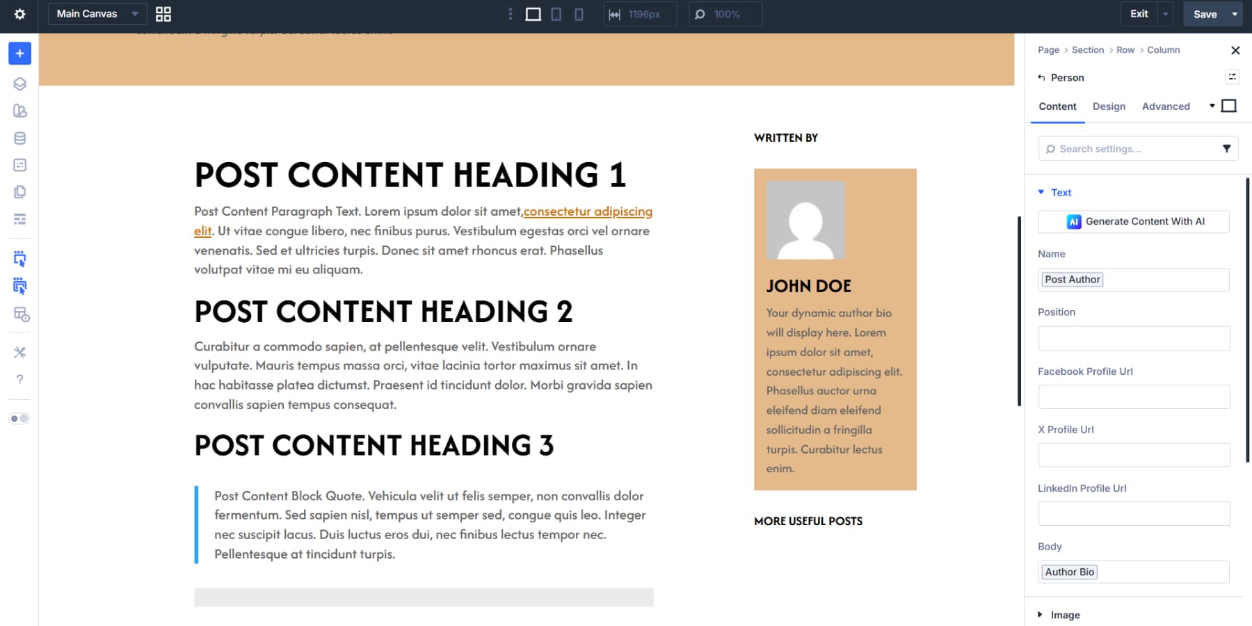 A screenshot of adding and styling the person module with dynamic content