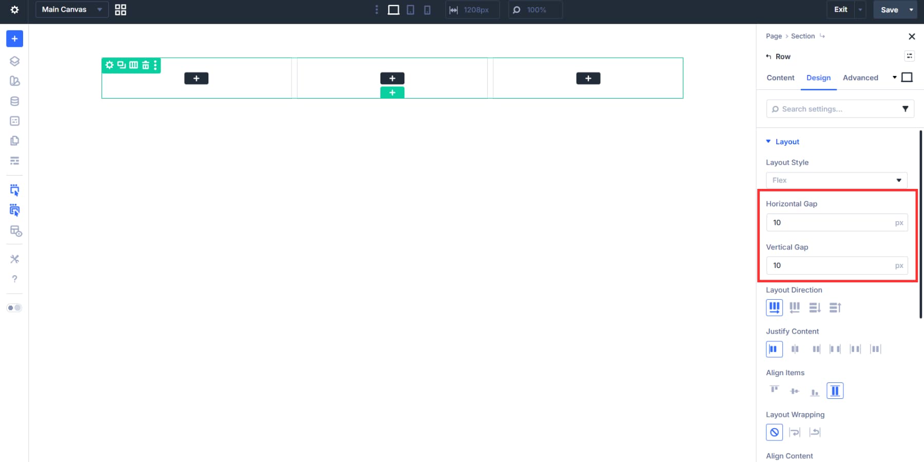 A screenshot of adding gaps for the columns in row settings in Divi 5