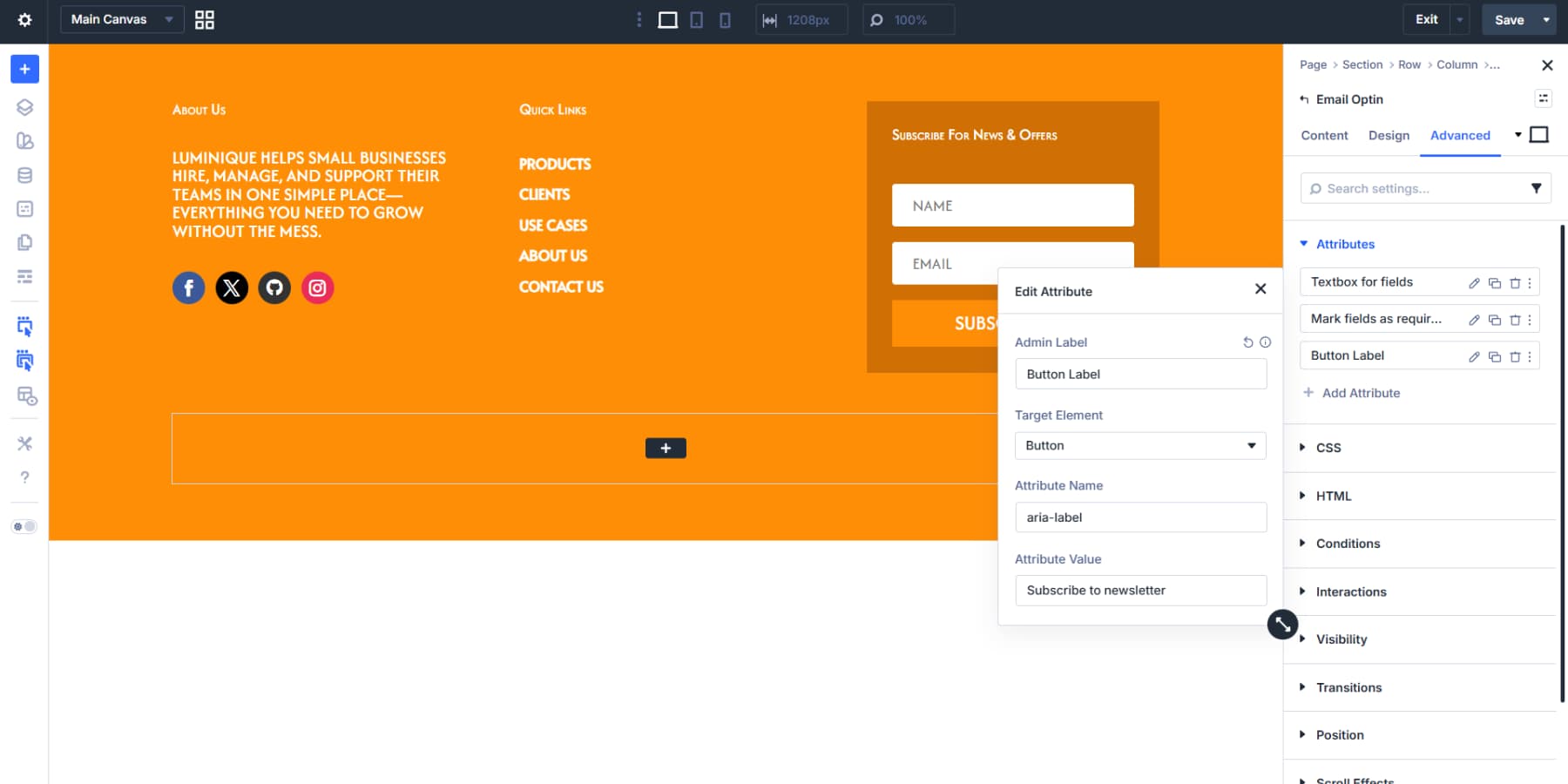 A screenshot of adding the button label to the footer optin