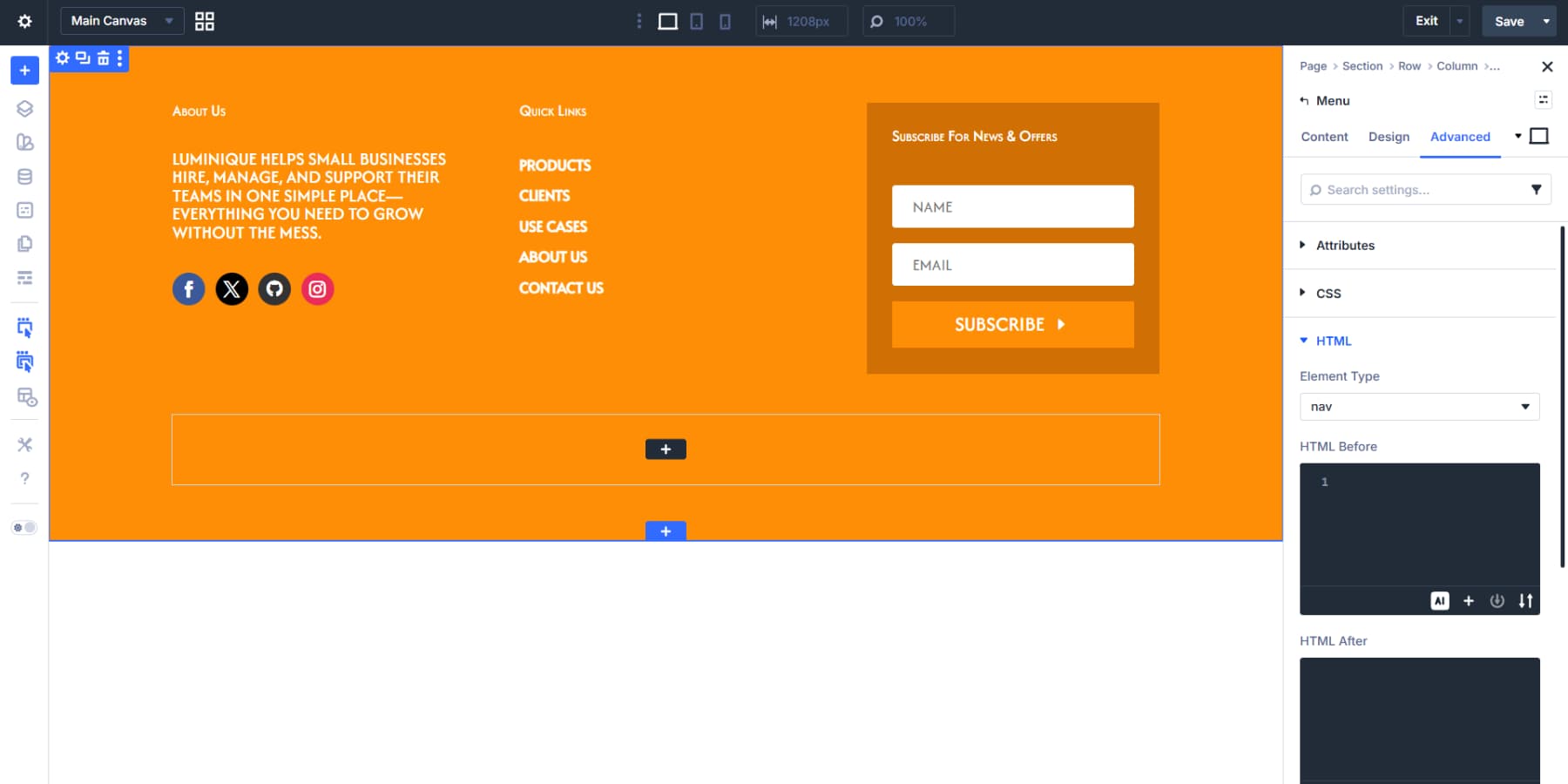A screenshot of adding the nav wrapper to the footer menu