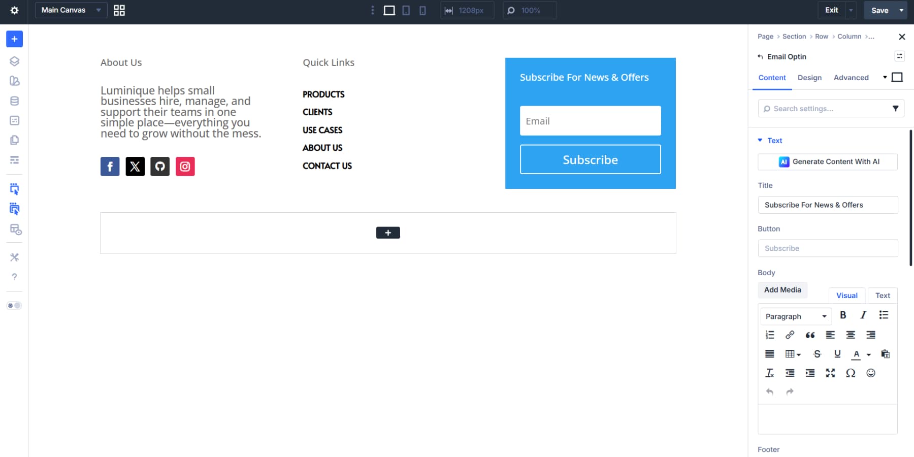 A screenshot of adding the optin module to the third column in Divi 5