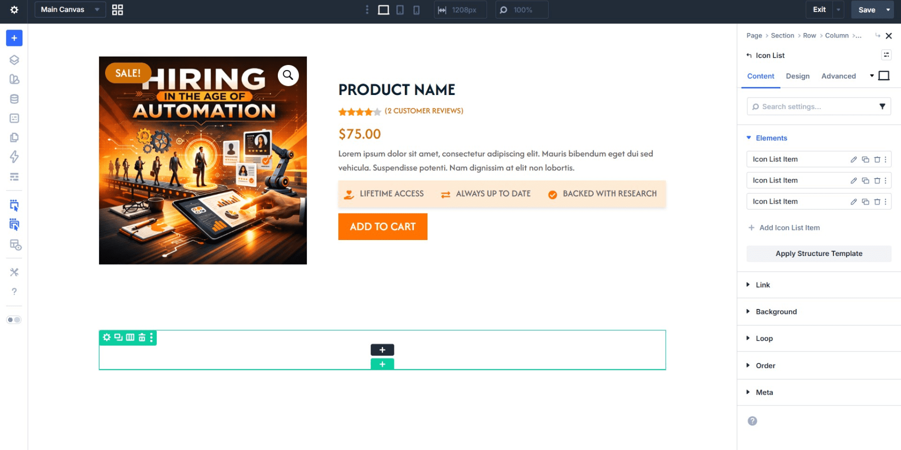 A screenshot of adding trust signals using the icon list module in Divi 5