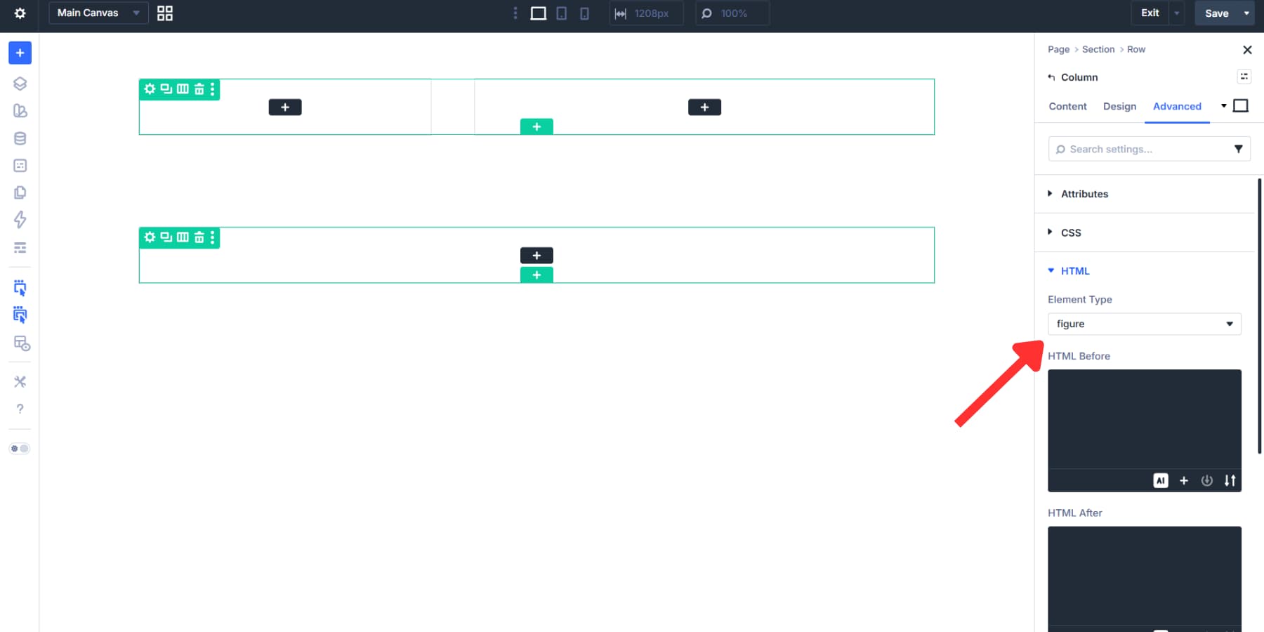 A screenshot of assigning the figure element type to the first column of the first section of the product template in Divi 5