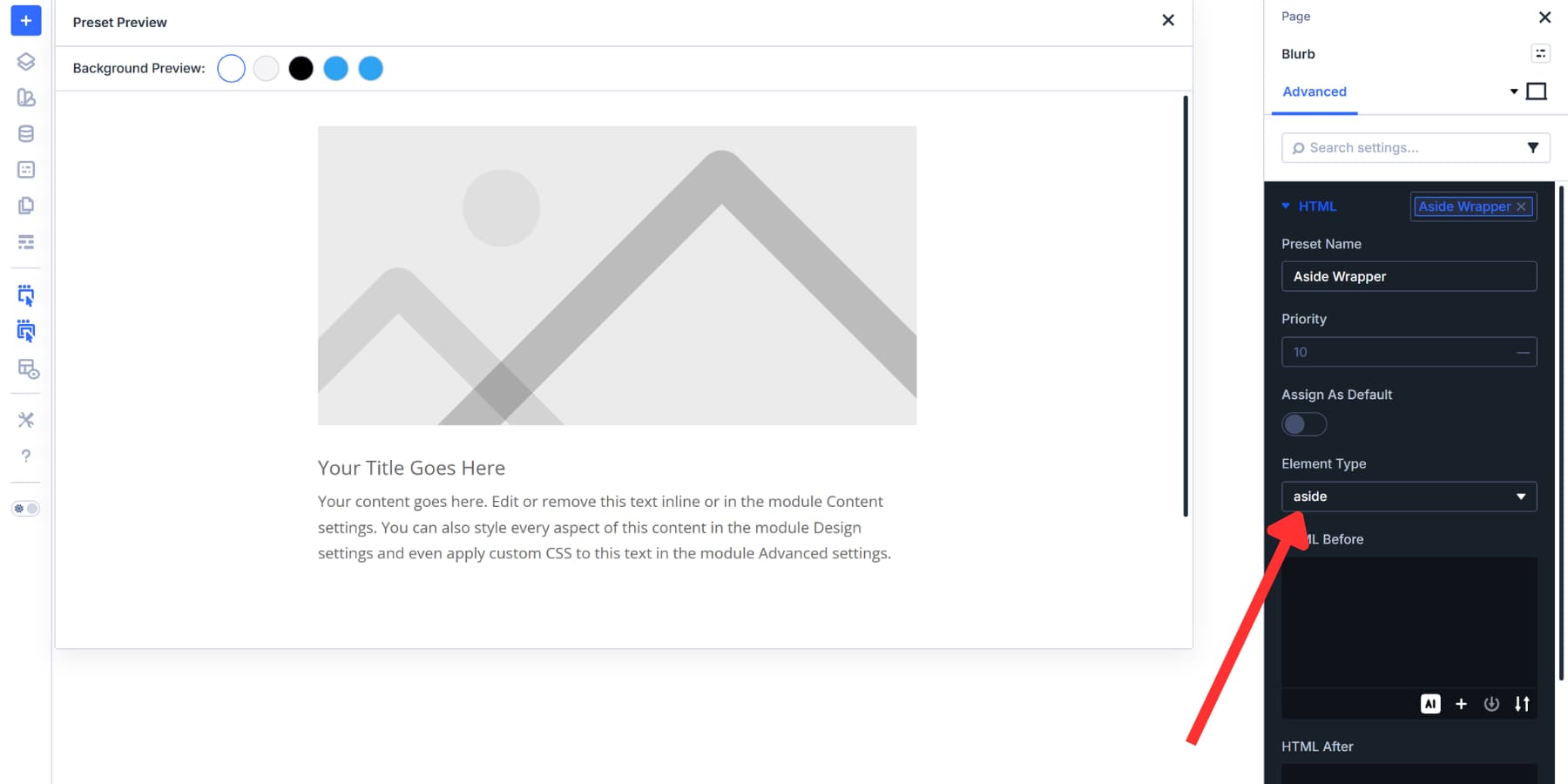 A screenshot of how to add a new HTML Preset with aside as the type