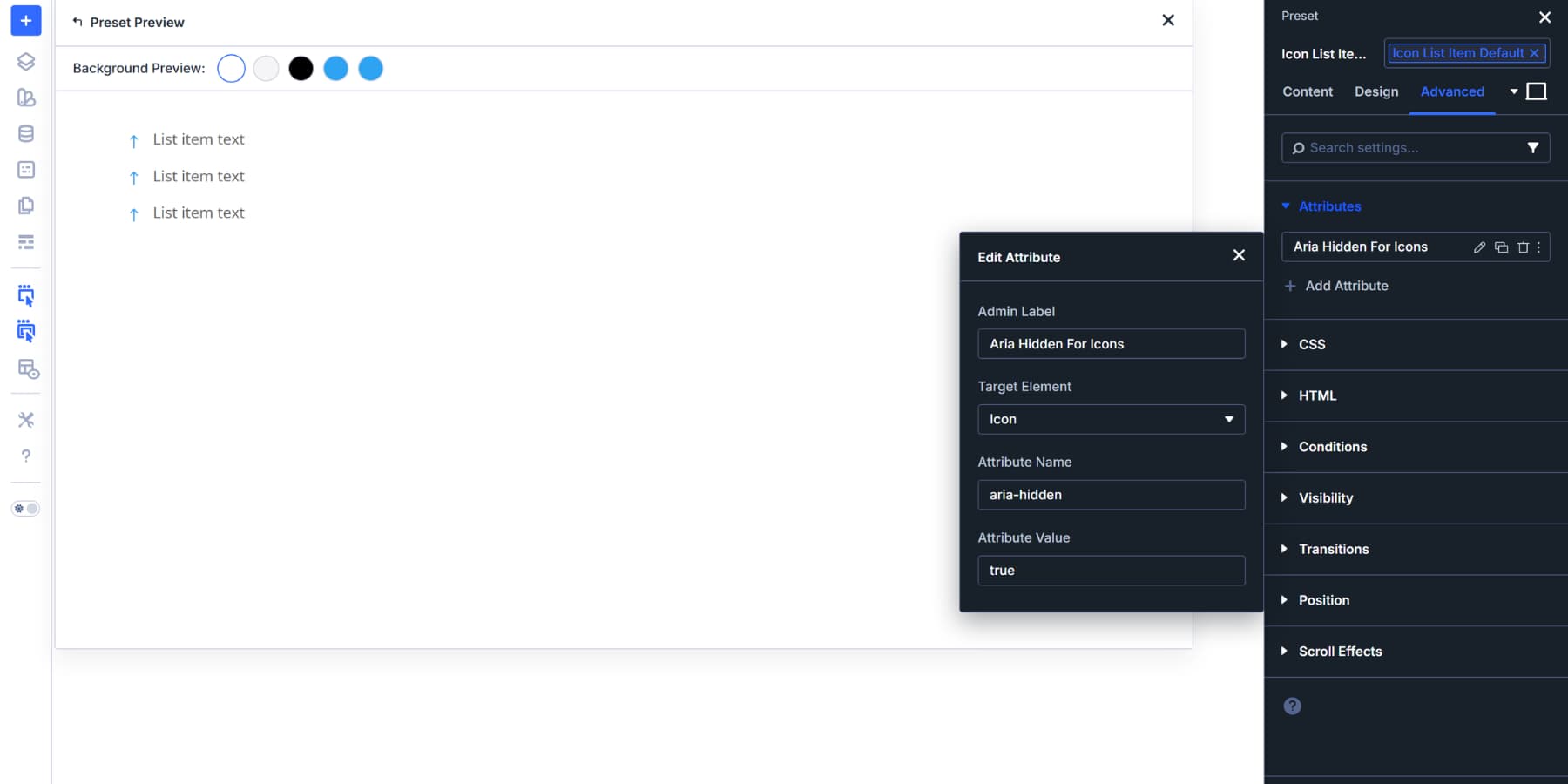 A screenshot of how to an attribute to an icon list item's element preset
