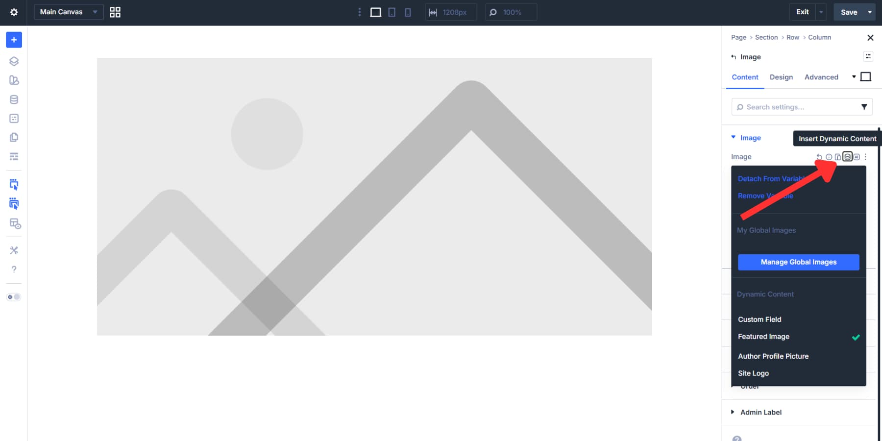 A screenshot of how to assign featured image dynamic tag to an image module in Divi 5