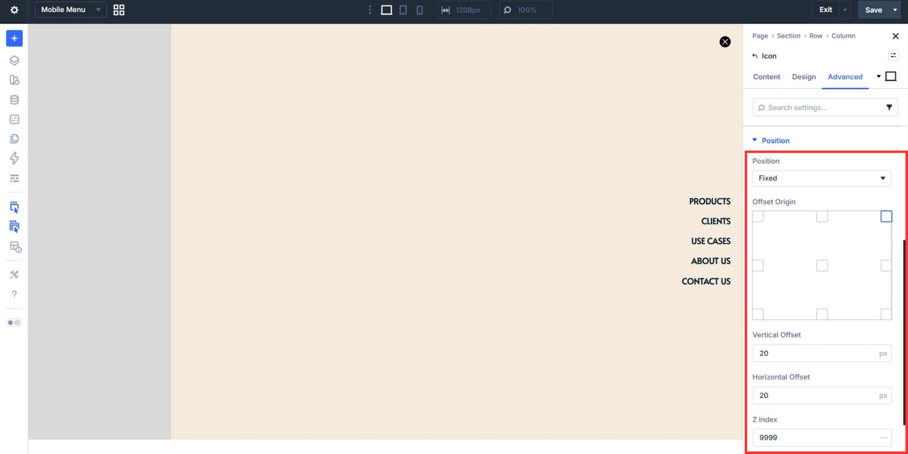 A screenshot of how to enable position for the close icon in mobile menu canvas