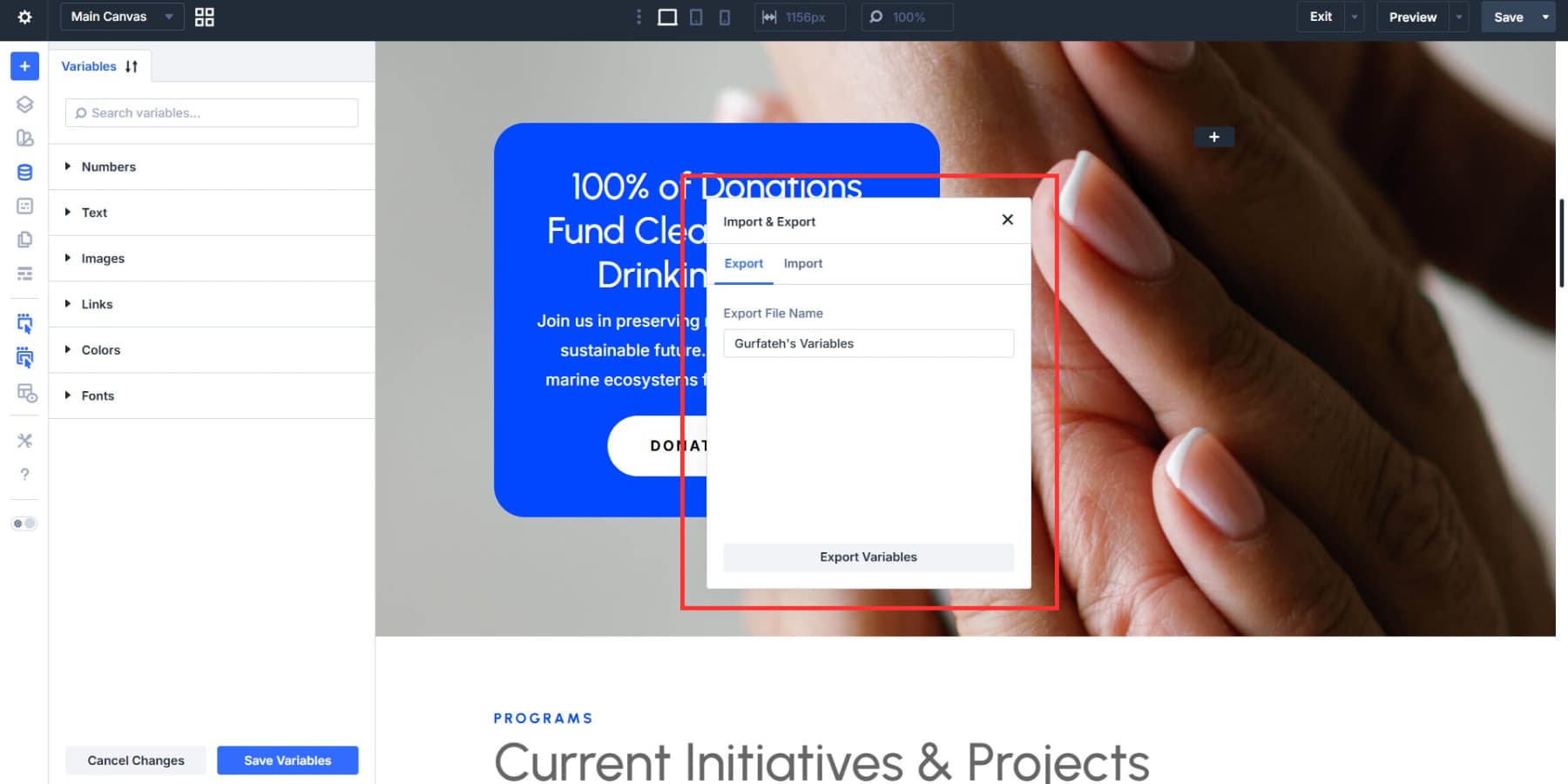 A screenshot of labeling the design variable export file appropriately for better reference in Divi 5