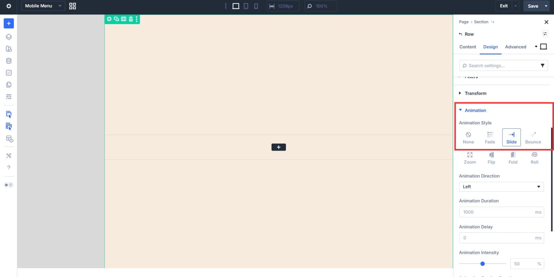 A screenshot of setting an animation for Mobile Menu row in Divi 5