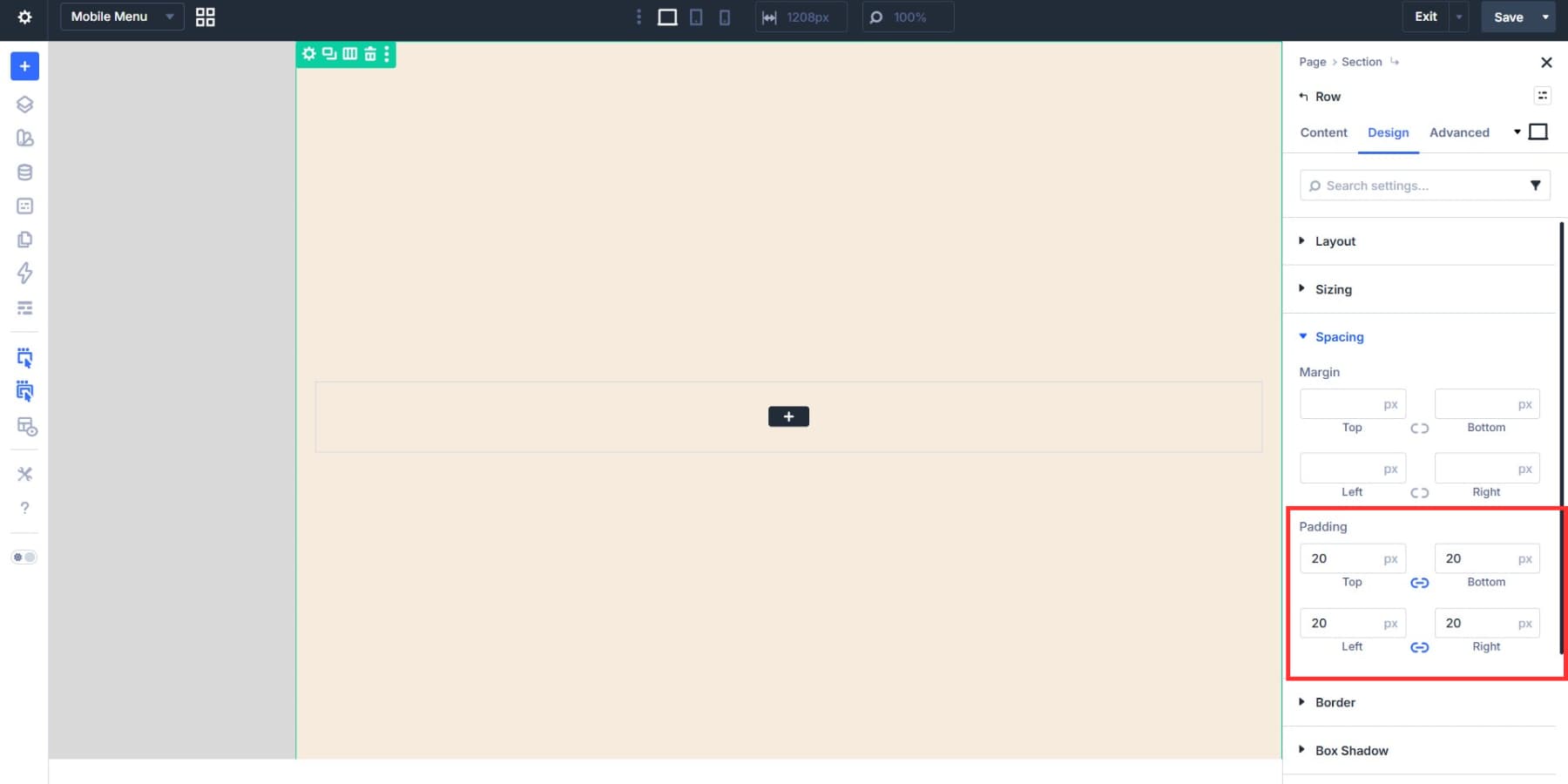 A screenshot of setting the padding to the row