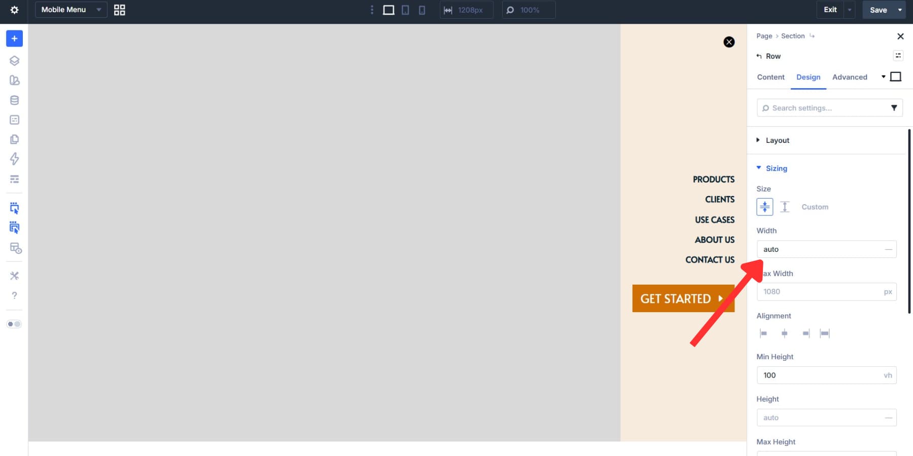A screenshot of setting the width of the row to auto in Divi 5