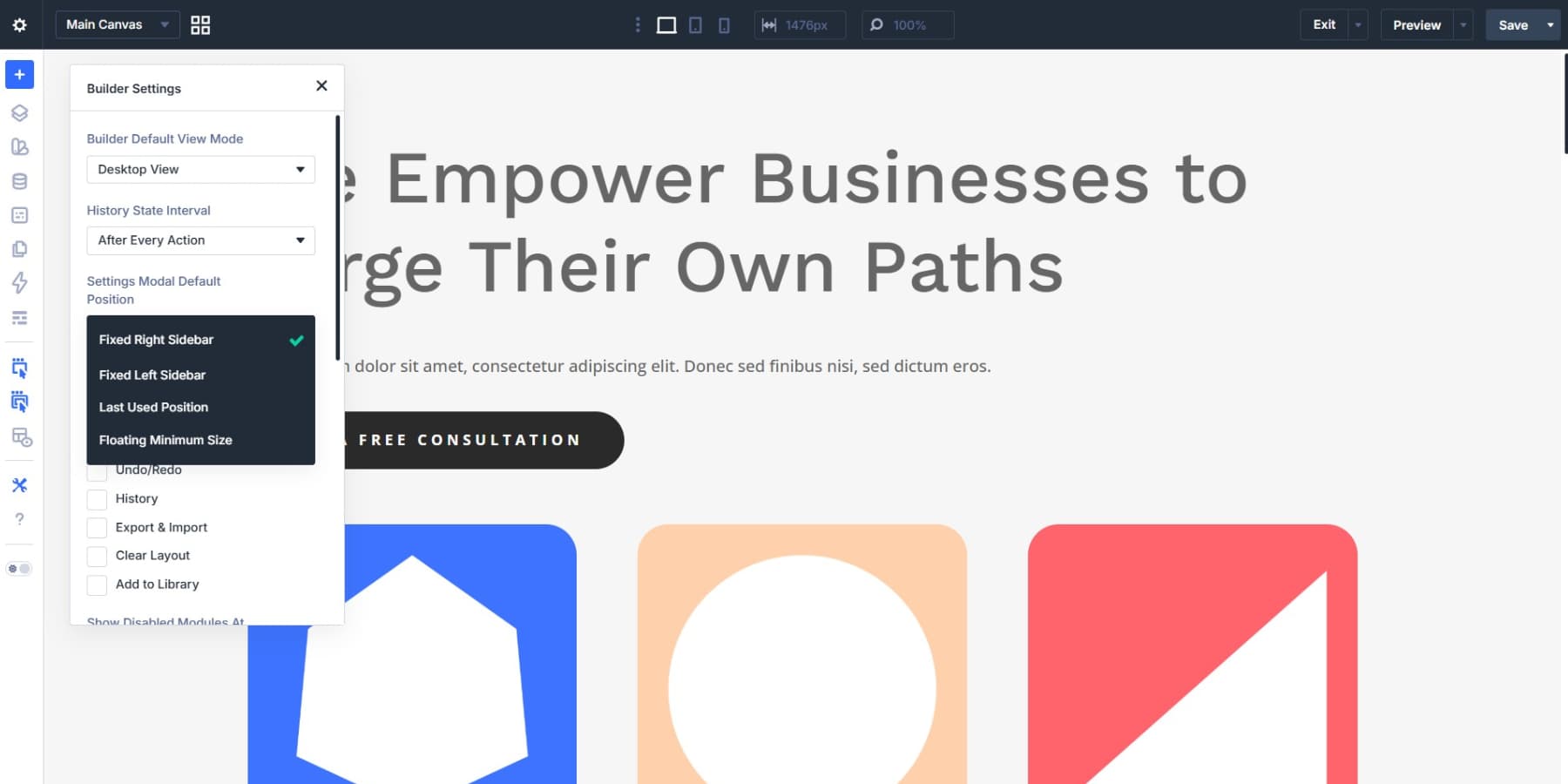 A screenshot of settings modal default position settings in Divi 5