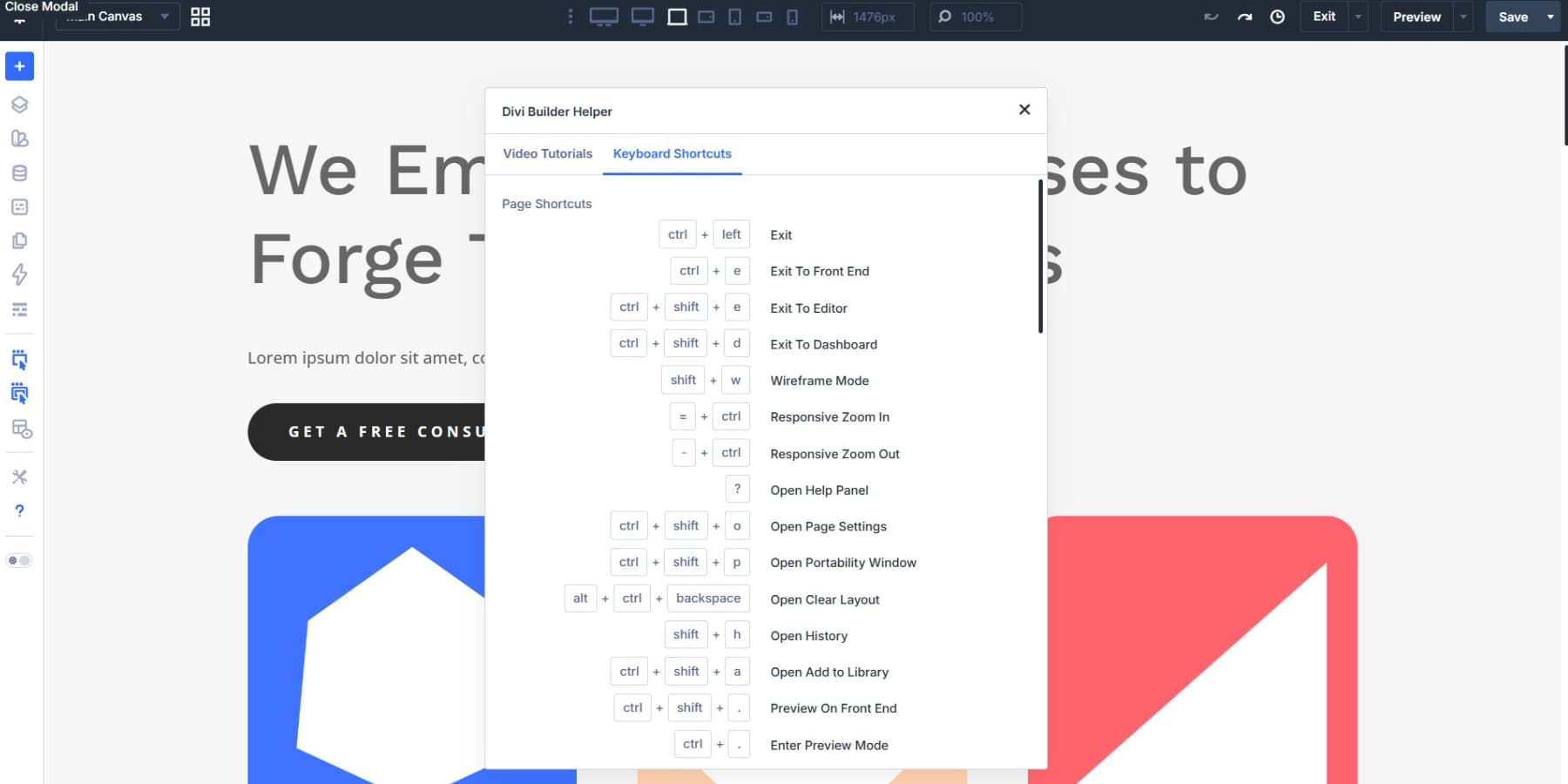 A screenshot of some of the keyboard-shortcuts available in Divi 5