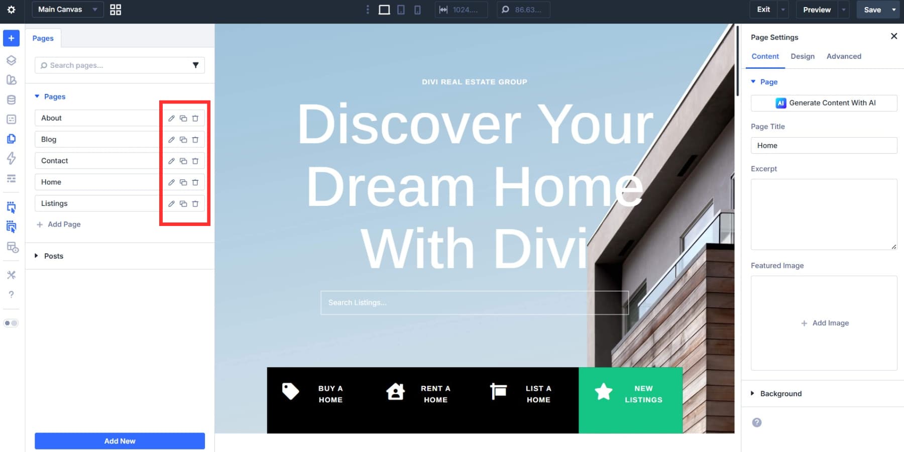 A screenshot of the icons available to manage pages in page manager in Divi 5