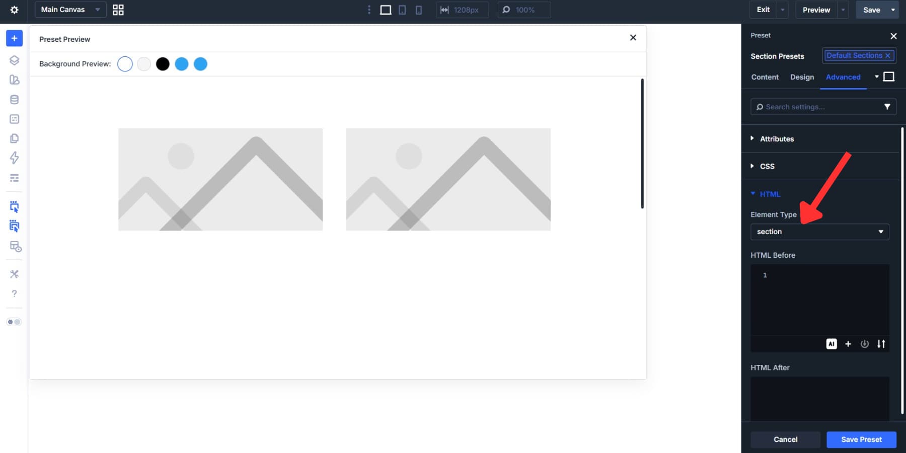 A screenshot of the setting section HTML tag to a section preset option in Preset Manager