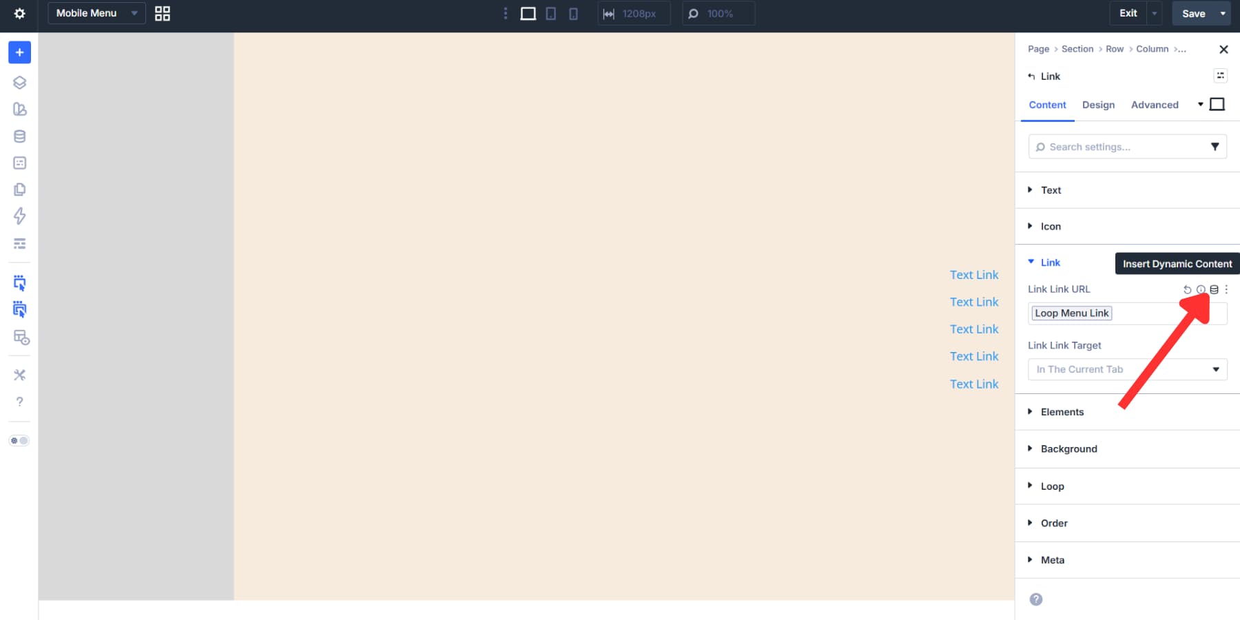 A screenshot of where to enable dynamic content for the link in the link module in the mobile menu canvas