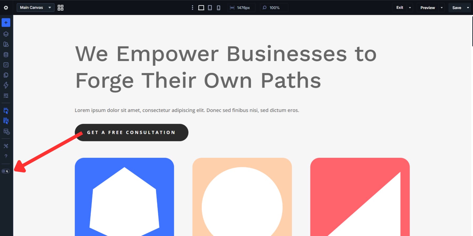 A screenshot of where to find the dark/light mode toggle in Divi 5's sidebar