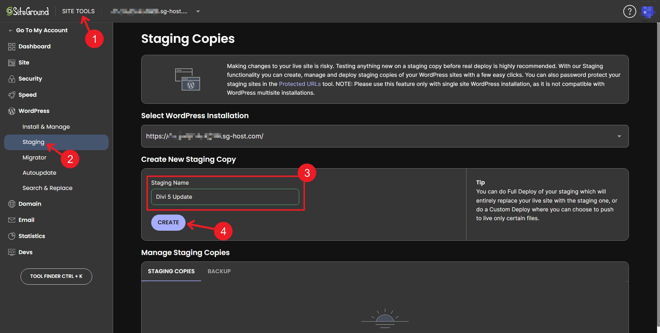 Creating a Staging Site on Siteground with Site Tools