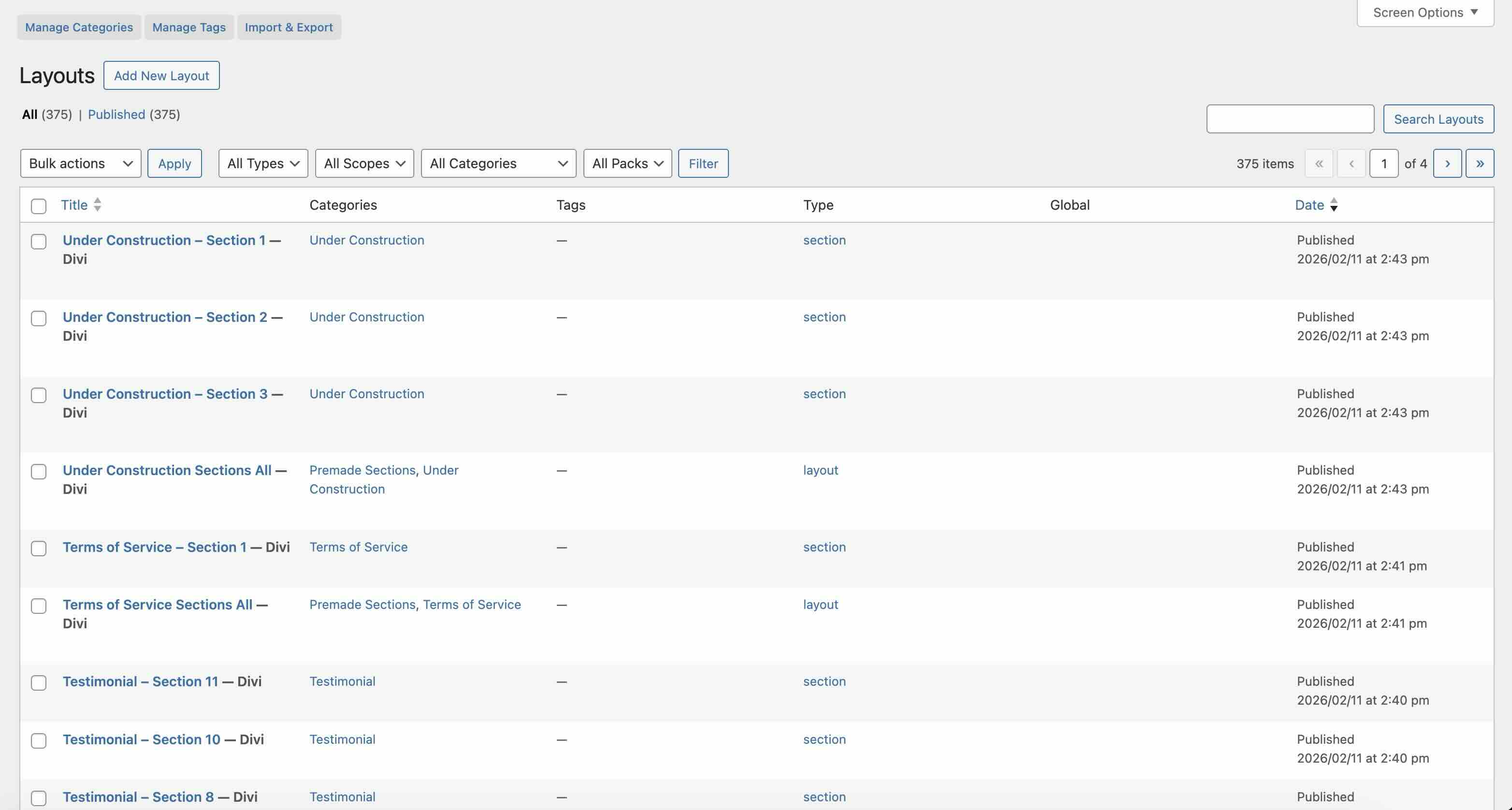 Divi Library layouts