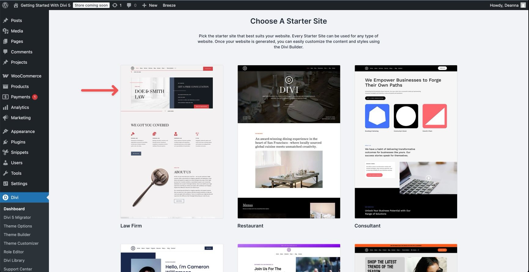 choose a premade starter site for Divi