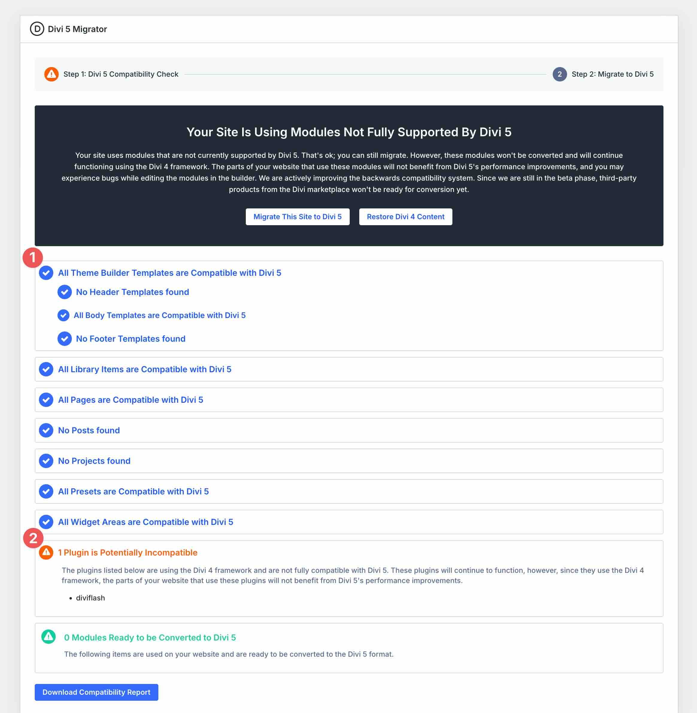 Divi 5 migrator compatibility report