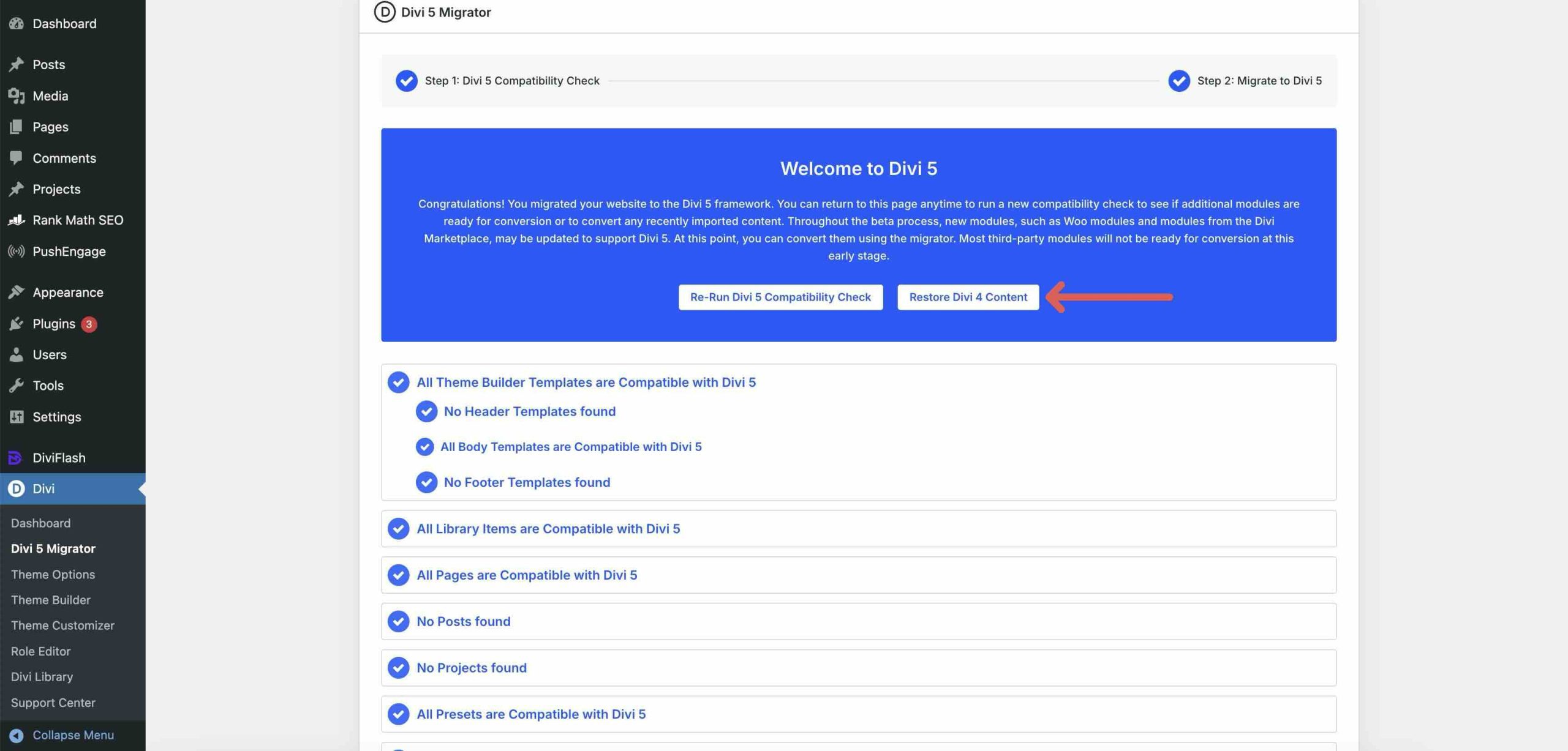 restore Divi 4 content