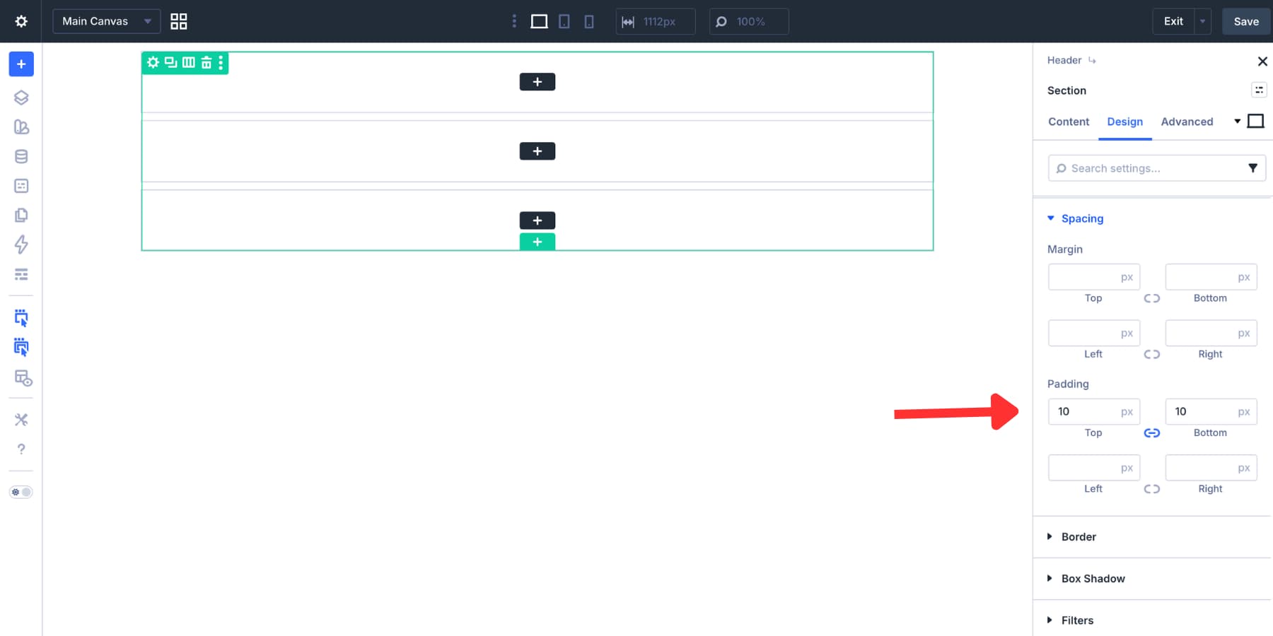Top and bottom padding for a Divi 5 header section