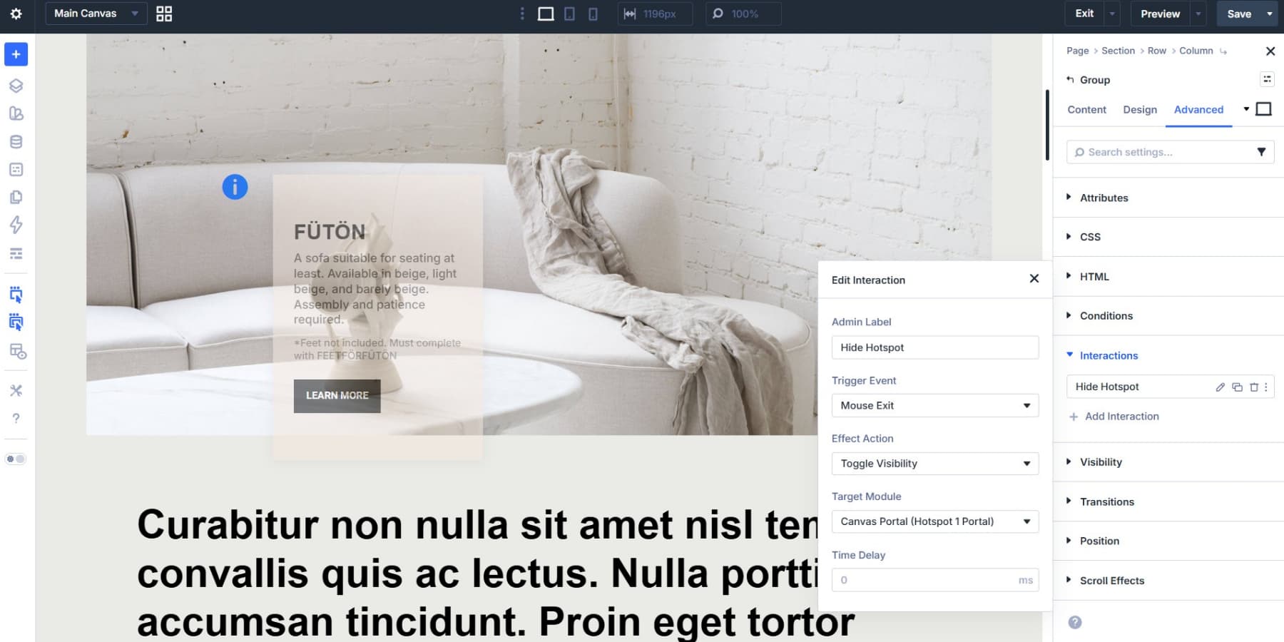 A screenshot of adding the hide hotspot interaction to the group to hide the canvas portal in Divi 5
