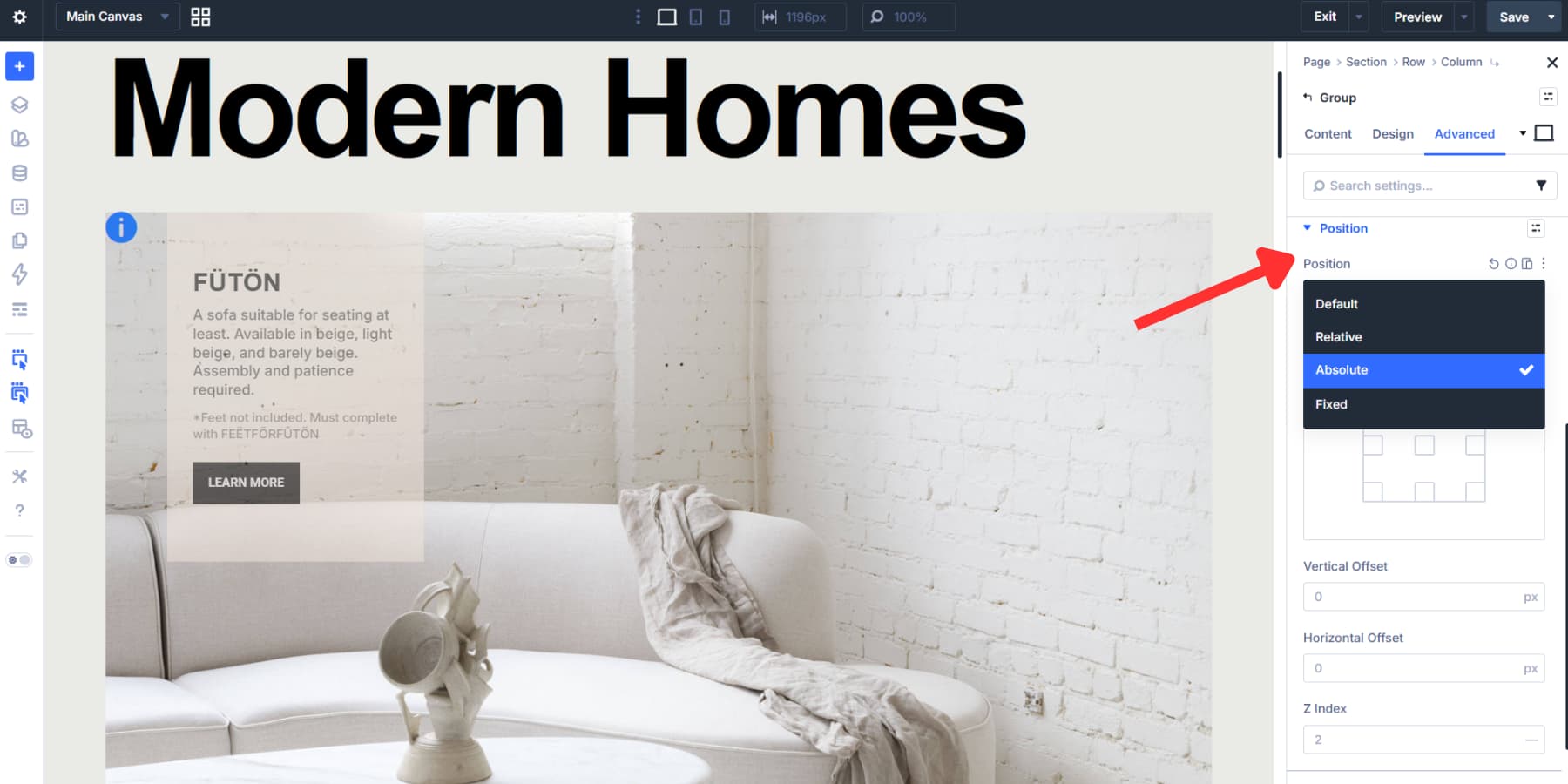 A screenshot of enabling position to absolute for the hotspot group module in Divi 5